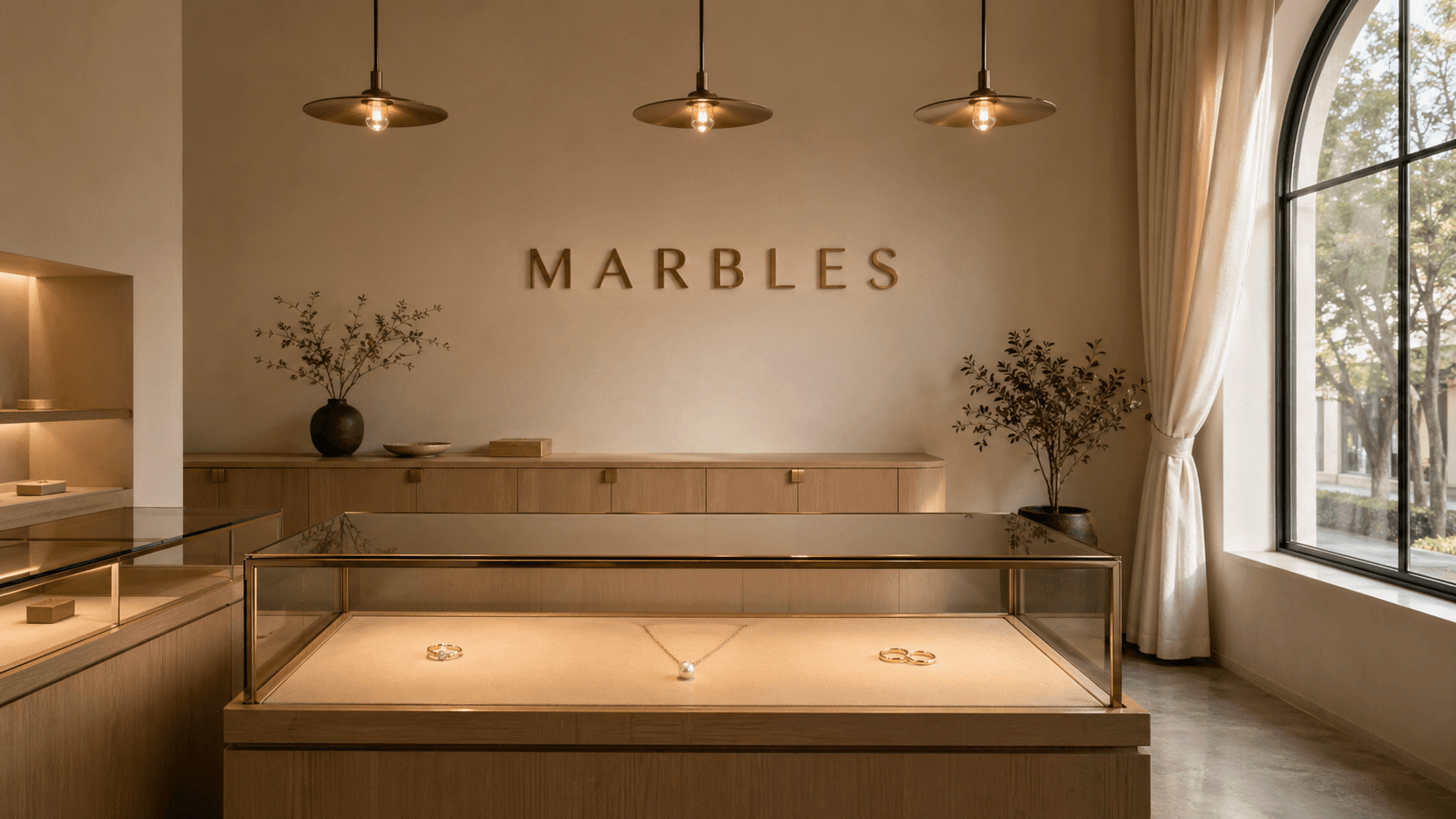 Interior of the Marbles Jewelry flagship — warm-bone walls, oak display cases, soft pendant light, delicate gold pieces under glass.